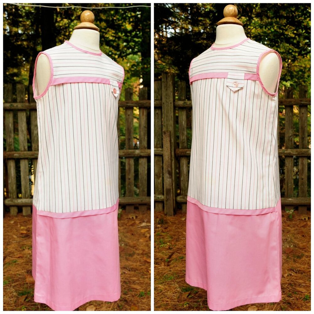 VTG 60's Girls Pink & White Striped Cotton Sheath Dress Size 16 Dropped Waist